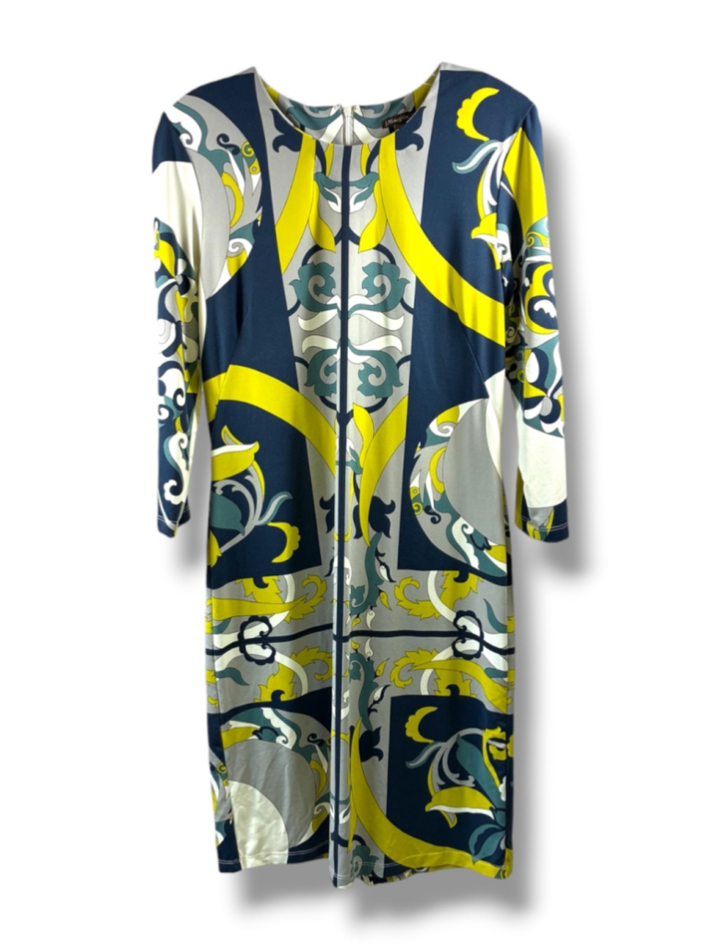 J.McLaughlin 3/4 Sleeve Dress in Blue Yellow Abstract Patterned Size M